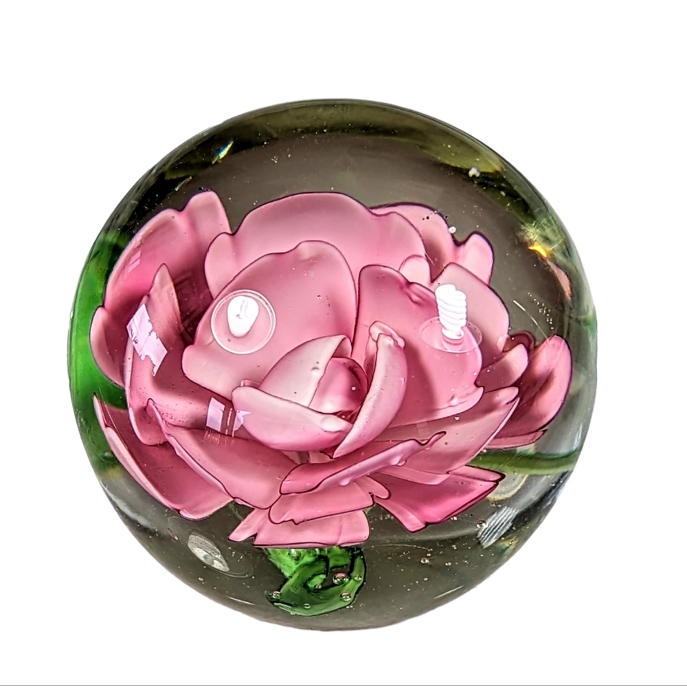 Hand Blown Art Glass Paperweight With A Rose